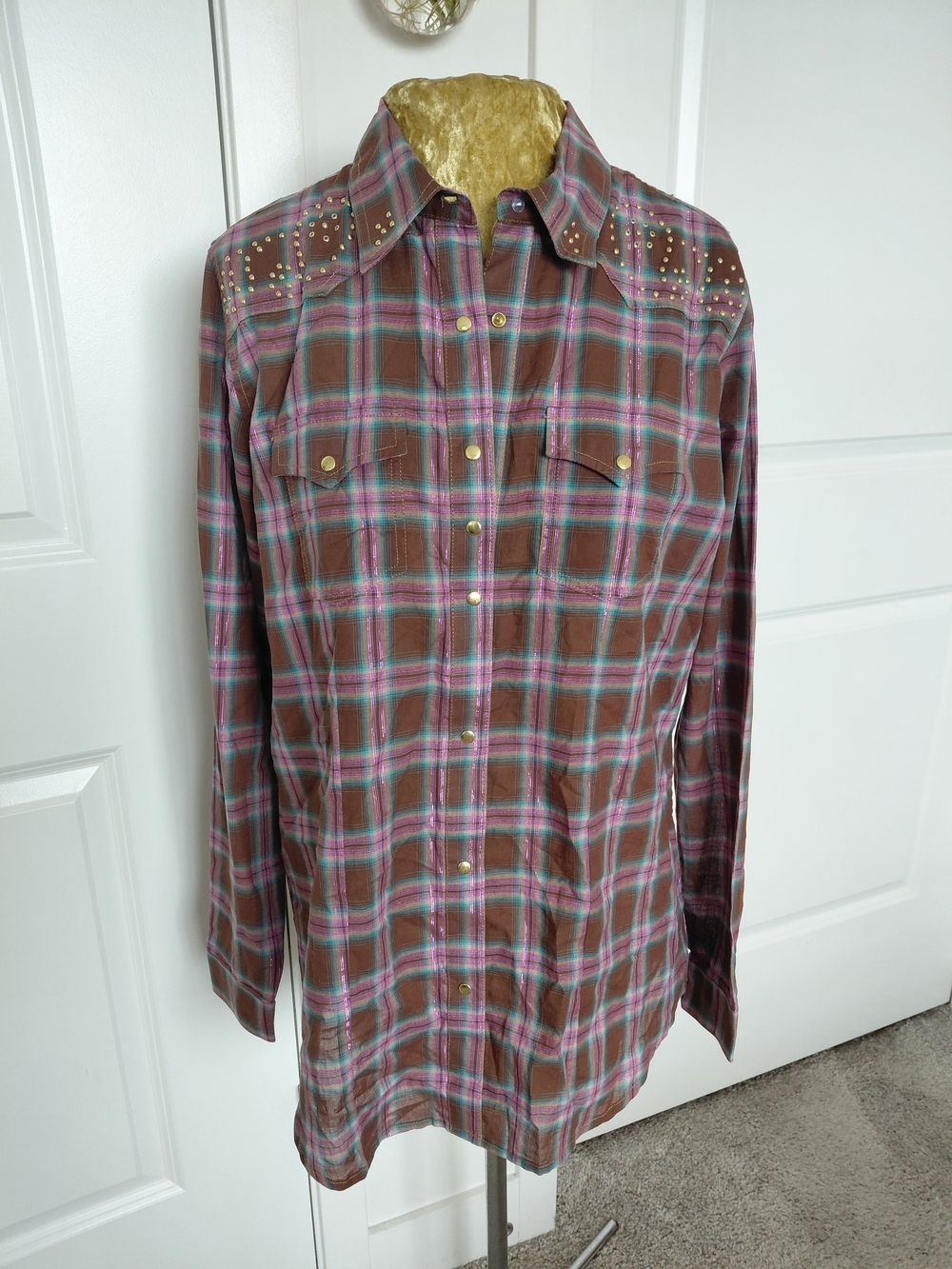 Wrangler Brown Plaid Western Snap Shirt with Stud Accents